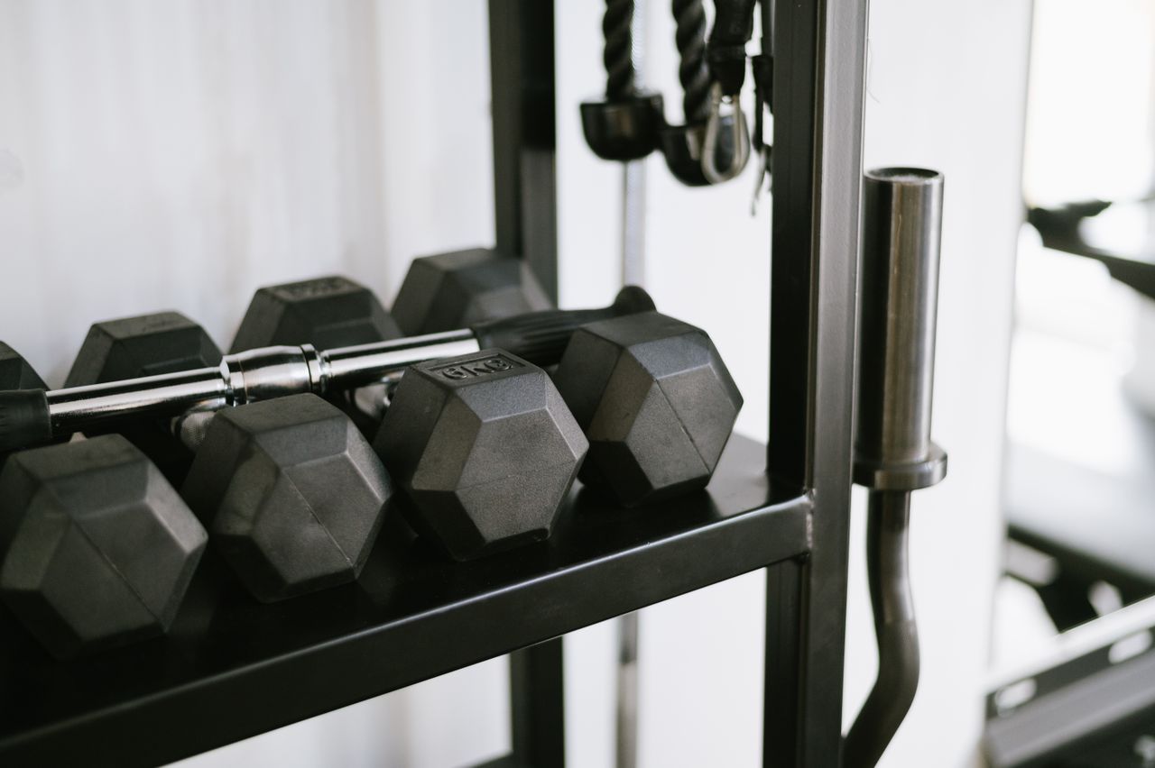 Strona główna Close-up of gym equipment including dumbbells on a storage rack, perfect for fitness-themed uses.