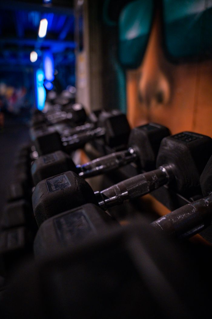 Strona główna A row of black dumbbells in a gym with a modern and creative atmosphere.
